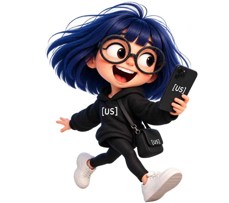 Clara, the [US] mascot — mid-stride, phone out, showing you the app.