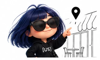 Clara pointing at a café doorway