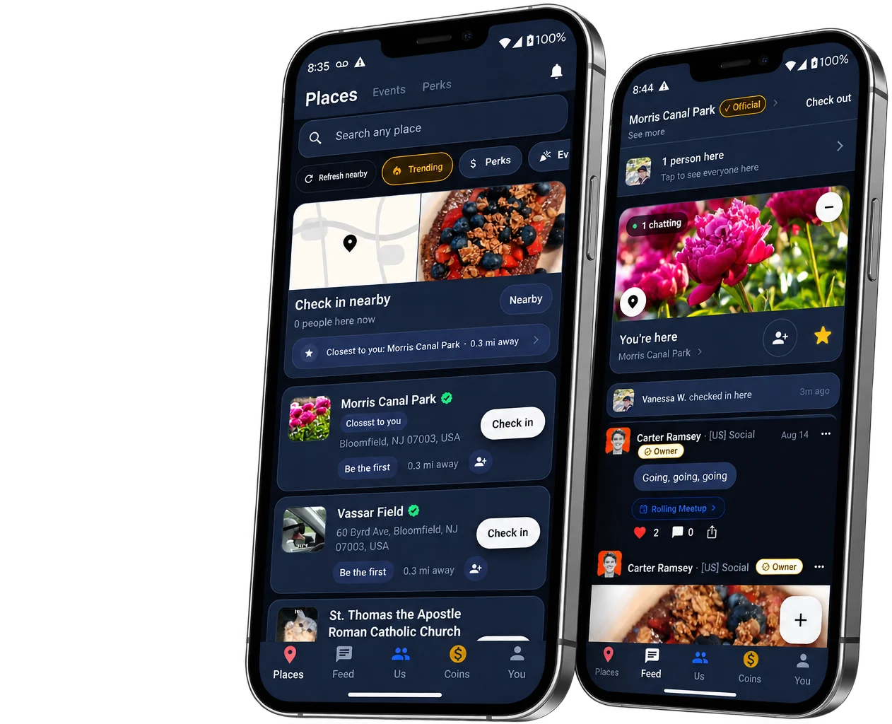 Two phones running [US]: the Places tab with Morris Canal Park closest to you, and the live Feed at Morris Canal Park — you're here, 1 person chatting.